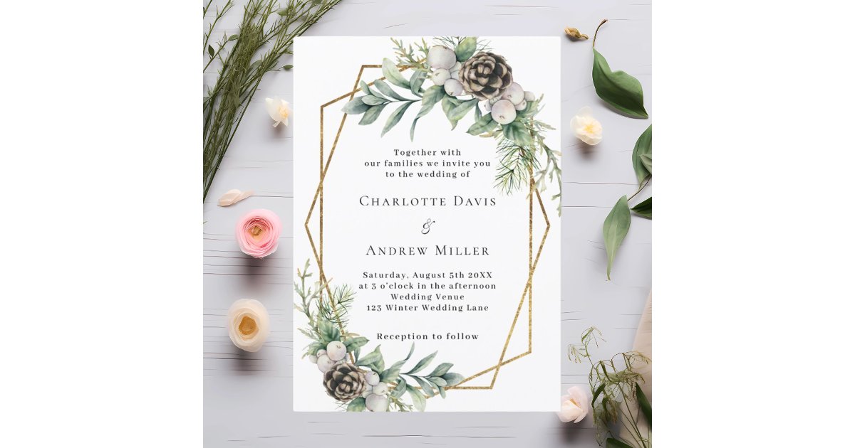 Cone pine greenery gold geometric wedding invitation | Zazzle