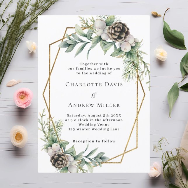 Cone pine greenery gold geometric wedding invitation (Creator Uploaded)