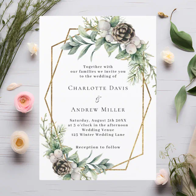 Cone pine greenery gold geometric wedding invitation | Zazzle