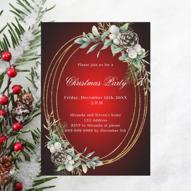 Cone pine greenery red gold Christmas Party Invitation | Zazzle