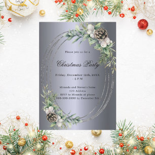 Cone pine greenery silver Christmas Party Invitation
