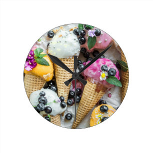 Coned Ice Cream With Blueberries And Flowers Round Clock