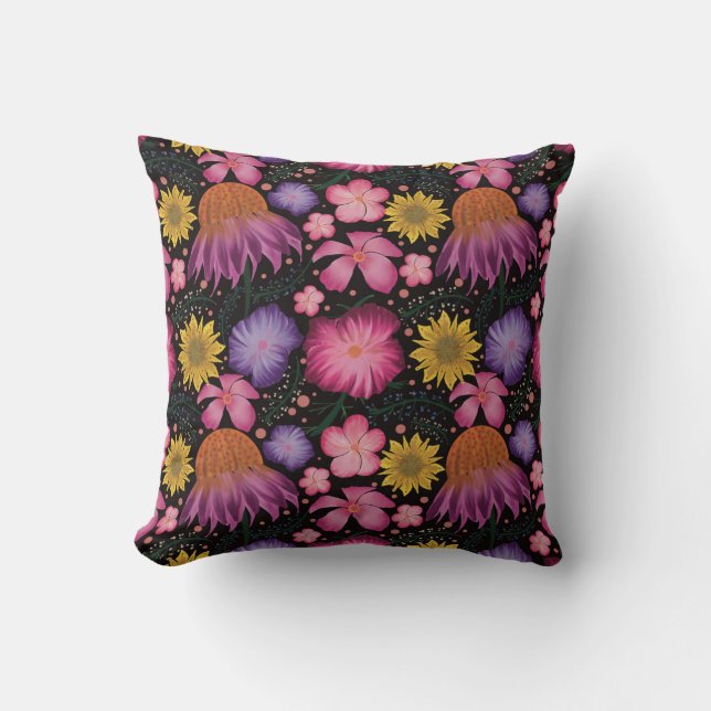 Coneflower Black Floral Pattern Throw Pillow (Front)