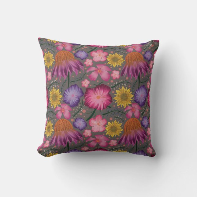 Coneflower Gray Floral Pattern Throw Pillow (Front)