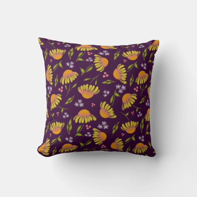 Coneflower Jubilee Yellow Floral on Wine Throw Pillow (Front)