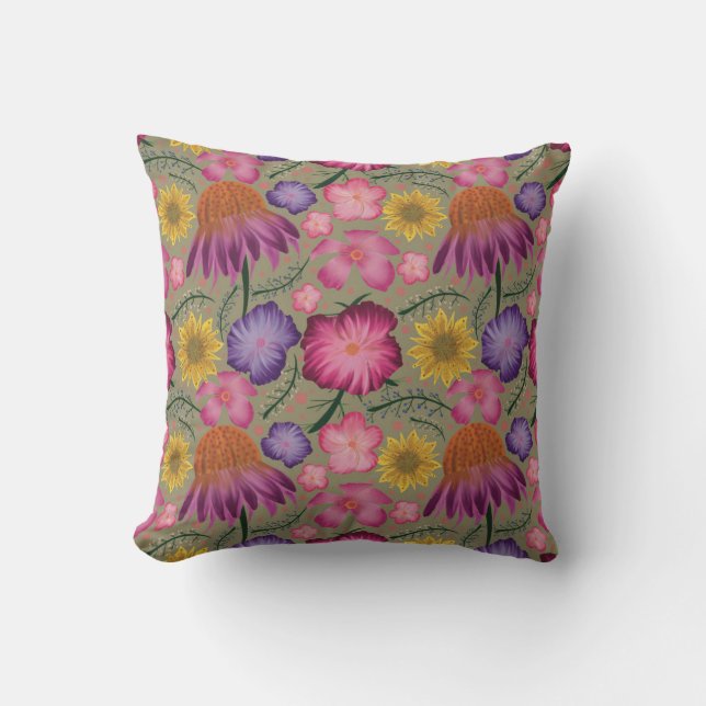 Coneflower Sage Green Floral Pattern Throw Pillow (Front)