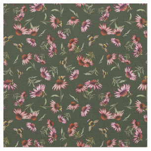 Coneflowers and Bees on Dark Green Fabric