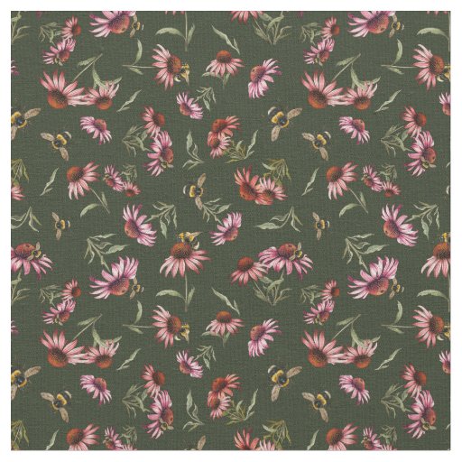 Coneflowers and Bees on Dark Green Fabric