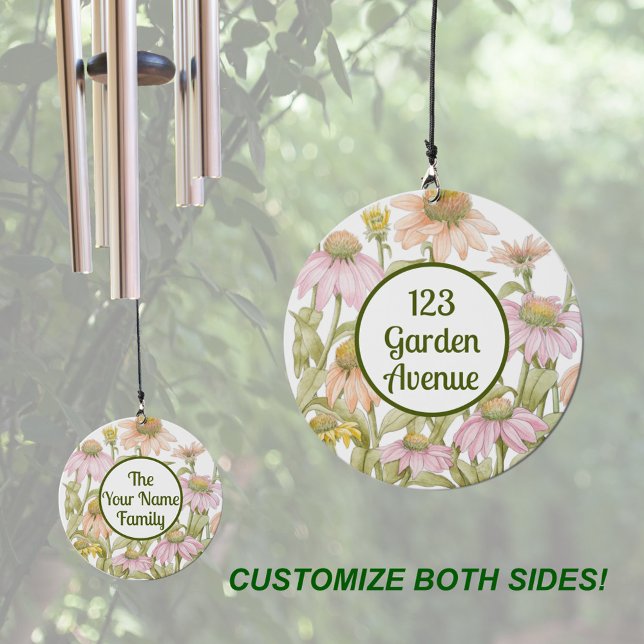 Coneflowers Botanical Art Personalized Address Wind Chime (Customizeable Wind Chimes with Coneflower design. Add your address, name or greeting on both sides!)