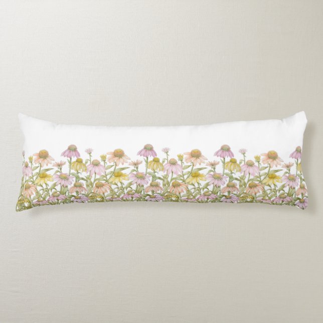 Coneflowers Floral Botanical Art Watercolor Body Pillow (Front)
