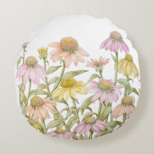 Coneflowers Floral Botanical Art Watercolor Round Pillow