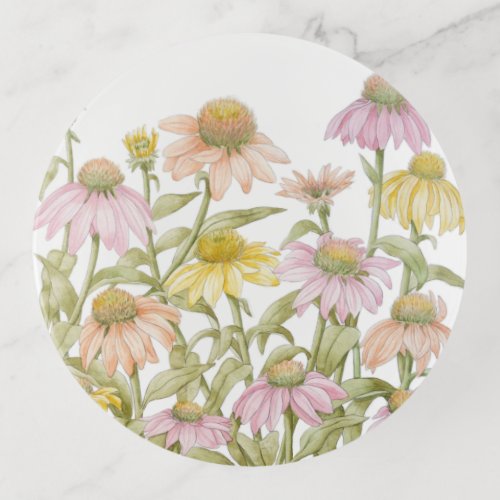 Coneflowers Floral Botanical Art Watercolor Round Trinket Tray