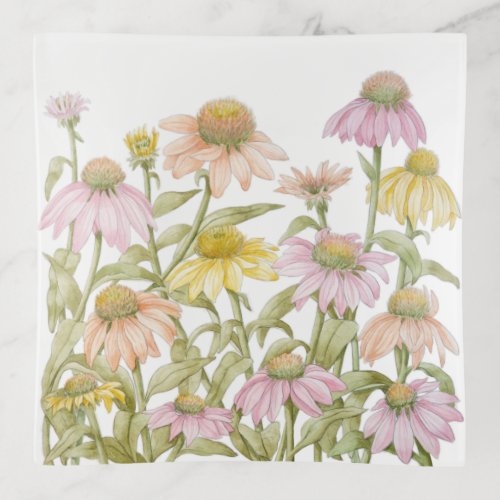 Coneflowers Floral Botanical Art Watercolor Square Trinket Tray