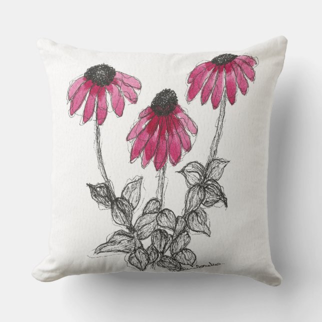 Coneflowers Watercolor and Ink Throw Pillow (Front)