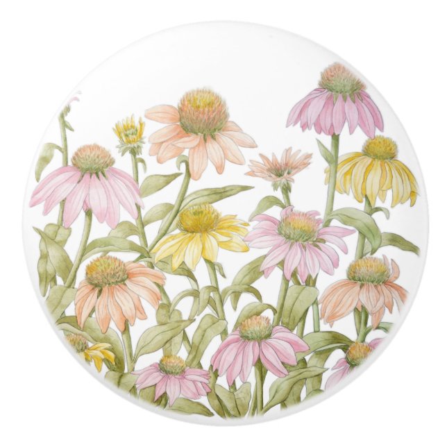 Coneflowers Watercolor Botanical Art Ceramic Knob (Front)