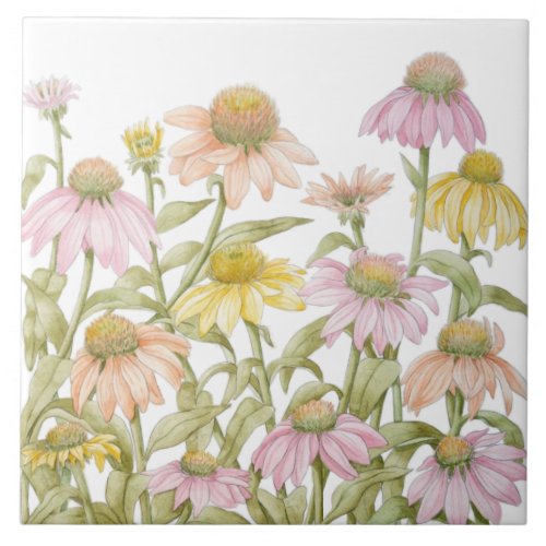 Coneflowers Watercolor Botanical Art Ceramic Tile