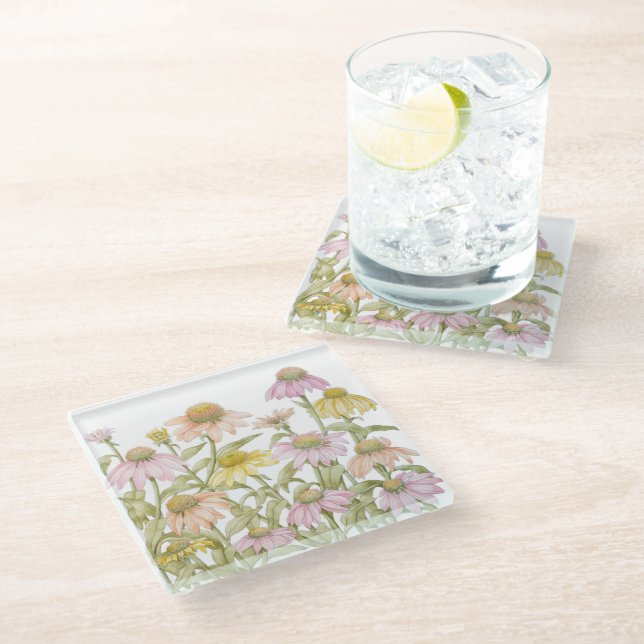Coneflowers Watercolor Botanical Art Glass Coaster (Angled)