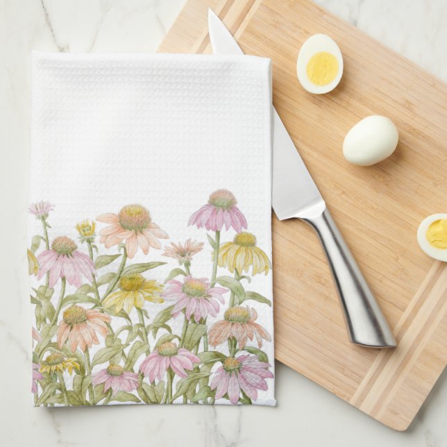 Coneflowers Watercolor Botanical Art Kitchen Towel (Quarter Fold)