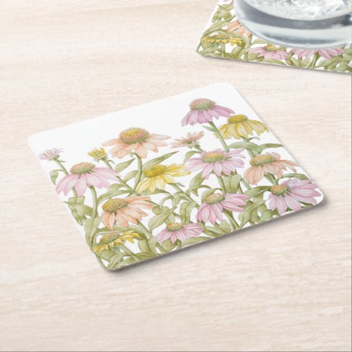 Coneflowers Watercolor Botanical Art Square Paper Coaster