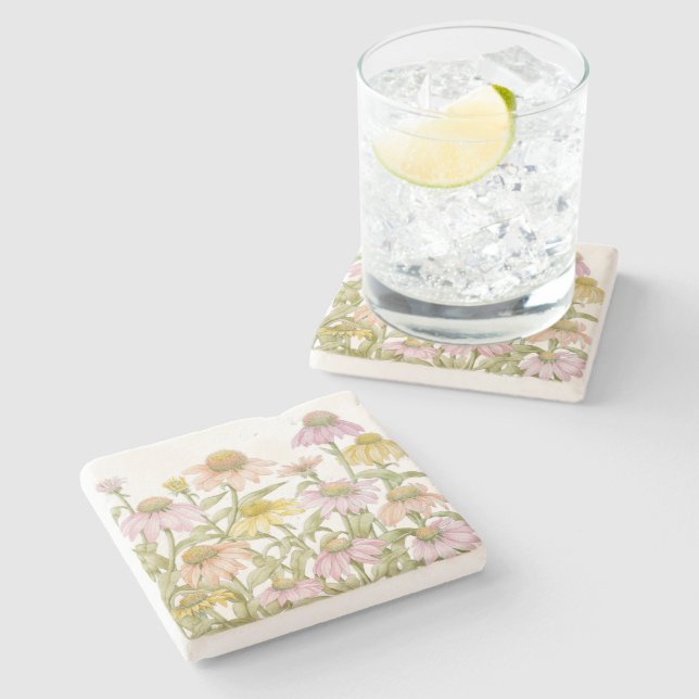 Coneflowers Watercolor Botanical Art Stone Coaster (Side)