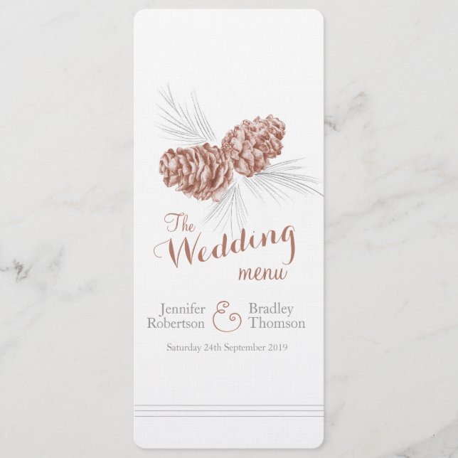 Cones brown grey winter wedding dinner menu (Front)