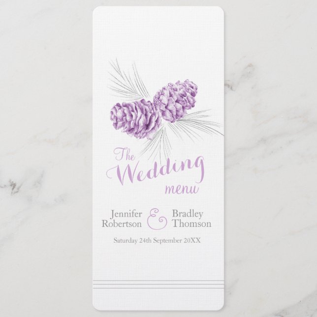 Cones purple grey winter wedding dinner menu (Front)
