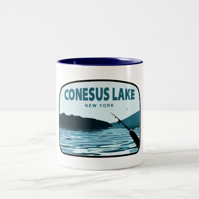 Conesus Lake New York Fishing Rod Two-Tone Coffee Mug (Center)