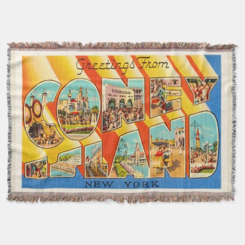 Coney Island New York NY Vintage Travel Souvenir Throw Blanket