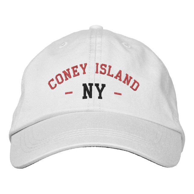 CONEY ISLAND NY Preppy Red Black on White Embroidered Baseball Cap (Front)