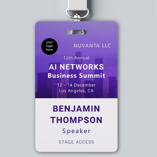 Conference Business Corporate Event Purple Photo Badge (event badge template business corporate networking conference design modern purple photo branding)