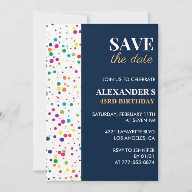 Confetti 43rd birthday invitations Save the date (Front)