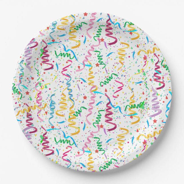 Confetti and Streamers Celebration Birthday Party  Paper Plates (Front)