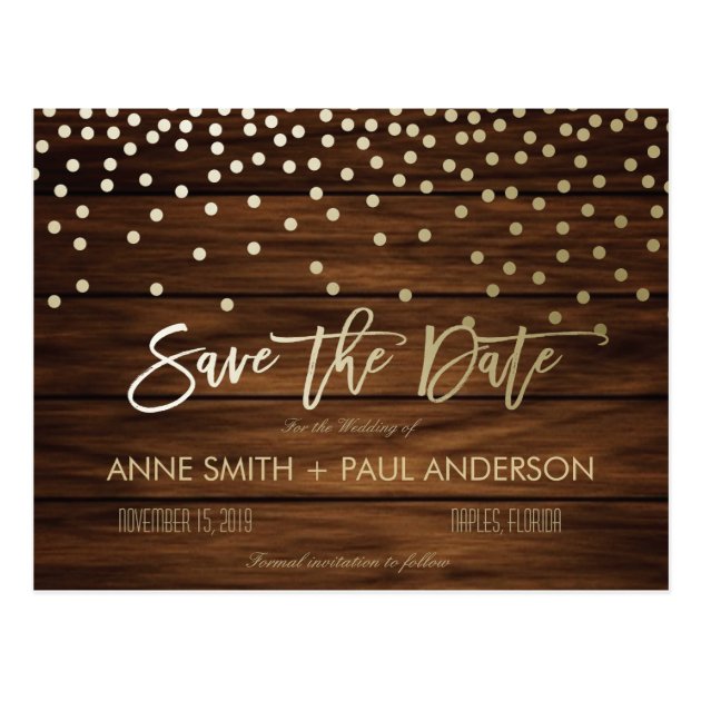 Confetti And Wood Save The Date Postcard