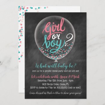 Confetti Balloon Gender Reveal Party Invitation by modernmaryella at Zazzle