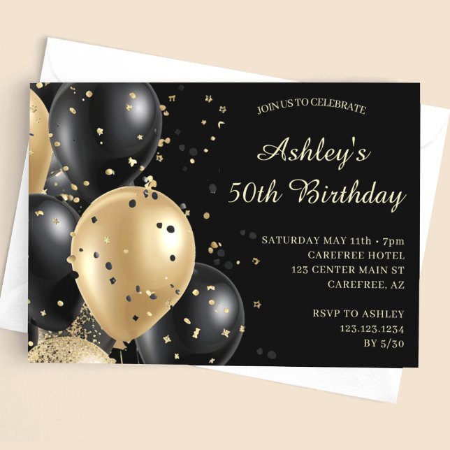 Confetti Balloons Black Gold 50th Birthday Invitation (Creator Uploaded)