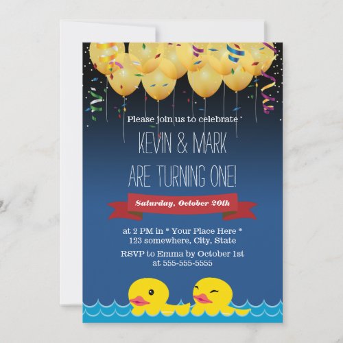 Confetti &amp; Balloons &amp; Duck Twins Birthday 5x7 Paper Invitation Card