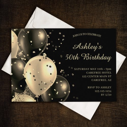 Confetti Balloons Vintage Gold 50th Birthday Invitation