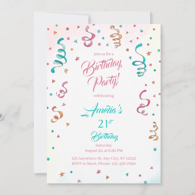 Confetti Birthday Invitation template editable (Front)