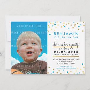 CONFETTI birthday party INVITE blue gold spots boy