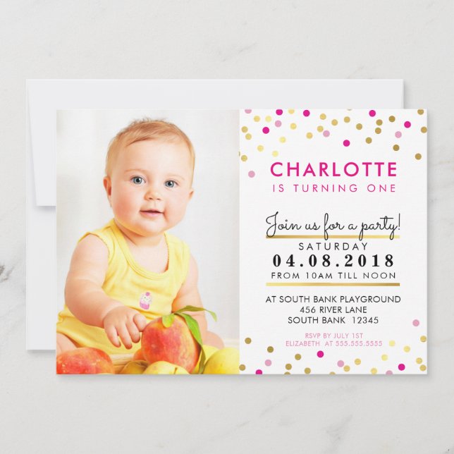 CONFETTI birthday party INVITE pink gold spot girl (Front)