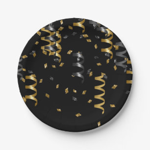 Confetti Black Gold Celebration Modern Chic Fun Paper Plates