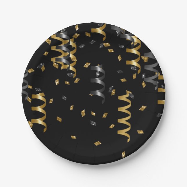 Confetti Black Gold Celebration Modern Chic Fun Paper Plates (Front)