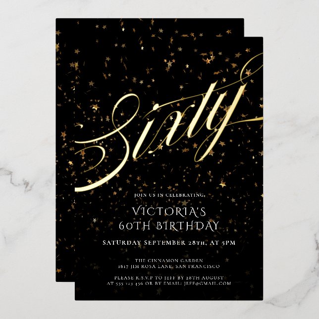 Confetti Black Gold Elegant  Sixty 60th Birthday Foil Invitation (Front/Back)