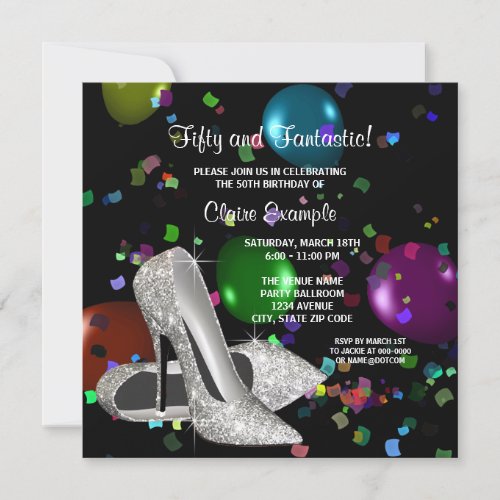 Confetti Black High Heels Womans Birthday Party Invitation