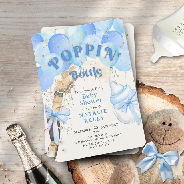 Confetti Blue Balloon Poppin' Bottles Baby Shower Invitation (Confetti Blue Balloon Poppin' Bottles Baby Shower Invitation )