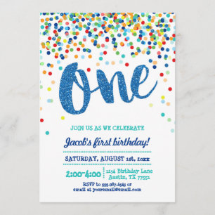 Confetti Blue Glitter First Birthday Invitation