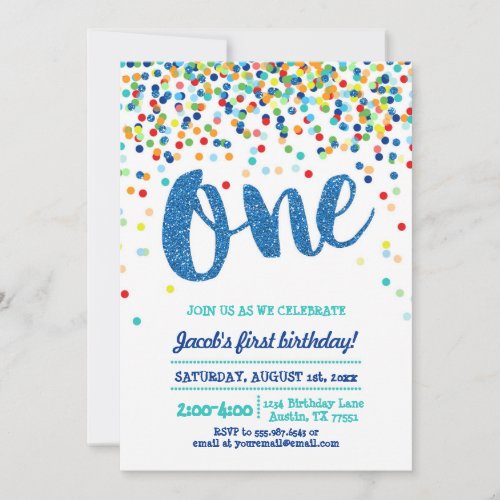 Confetti Blue Glitter First Birthday Invitation