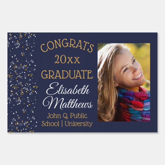 Confetti Blue Photo Congrats Graduate Name School Sign (Front)