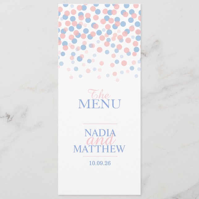 Confetti blue pink wedding dinner menu (Front)