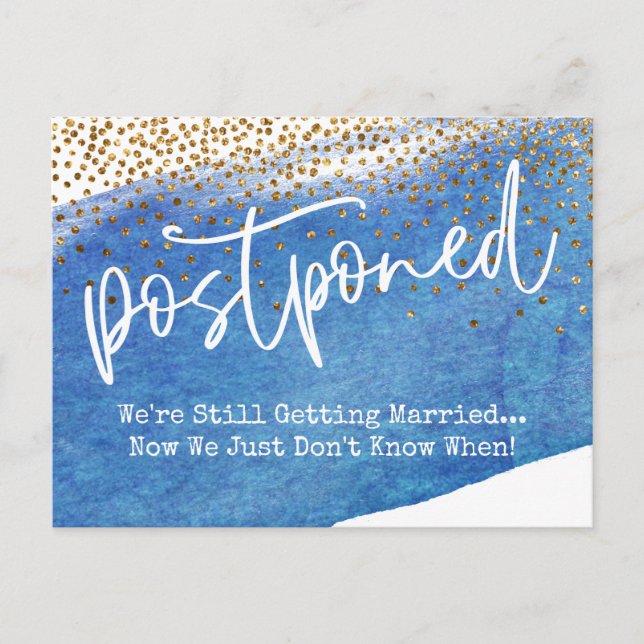 Confetti & Blue Watercolor Postponed Wedding Postcard (Front)